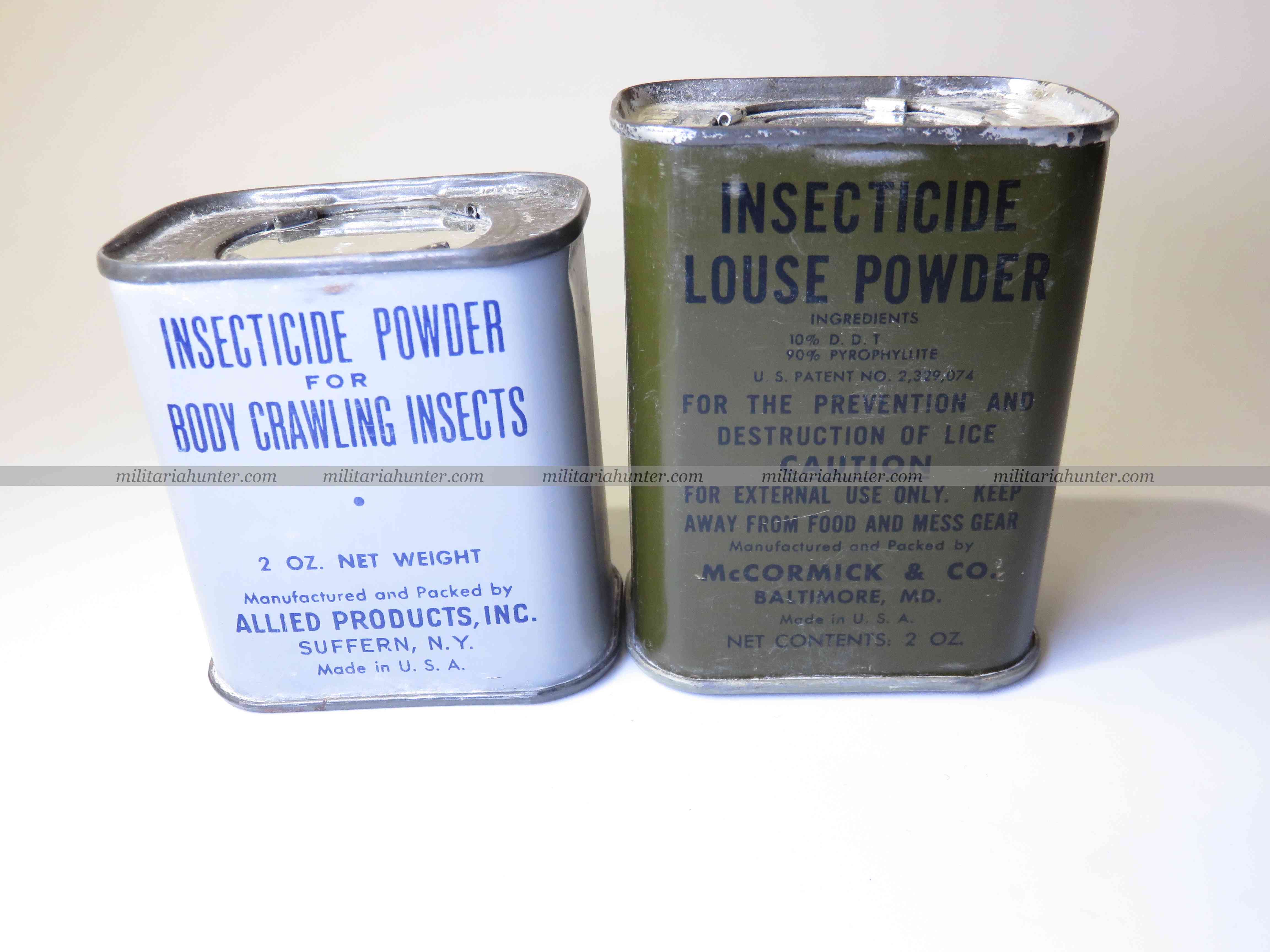 militaria : Lot de 2 pots insecticides US ww2 - boîtes vertes et grises